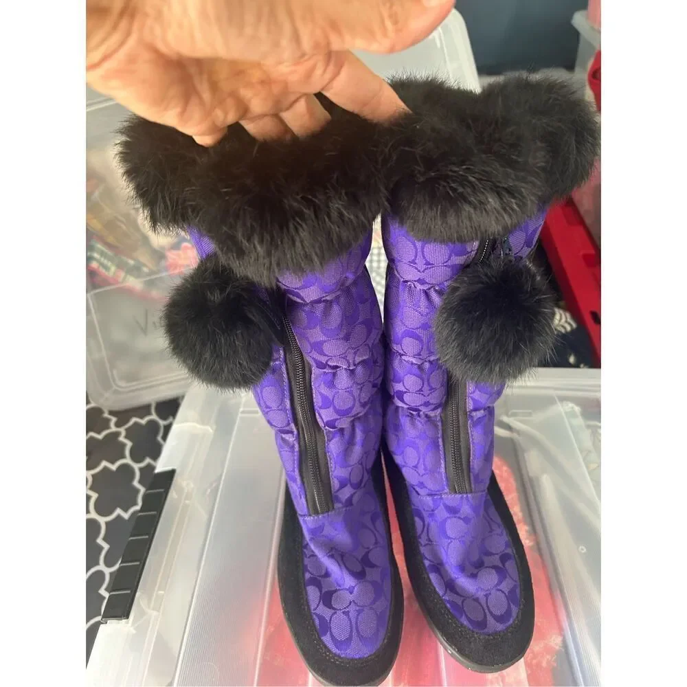 COACH Women's Purple Theona Signature Jacquard Rabbit Fur Winter Boots